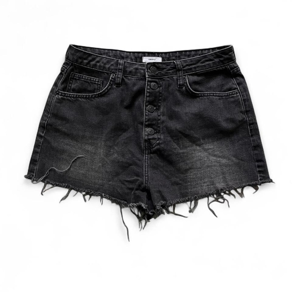 Forever 21 Y2K Black Denim Shorts Button Fly Frayed Hem Size 30 Summer